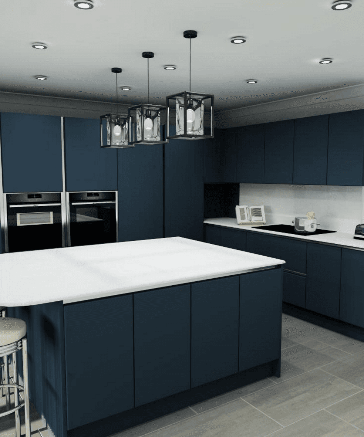 Bespoke kitchen interior with marble island and integrated appliances
